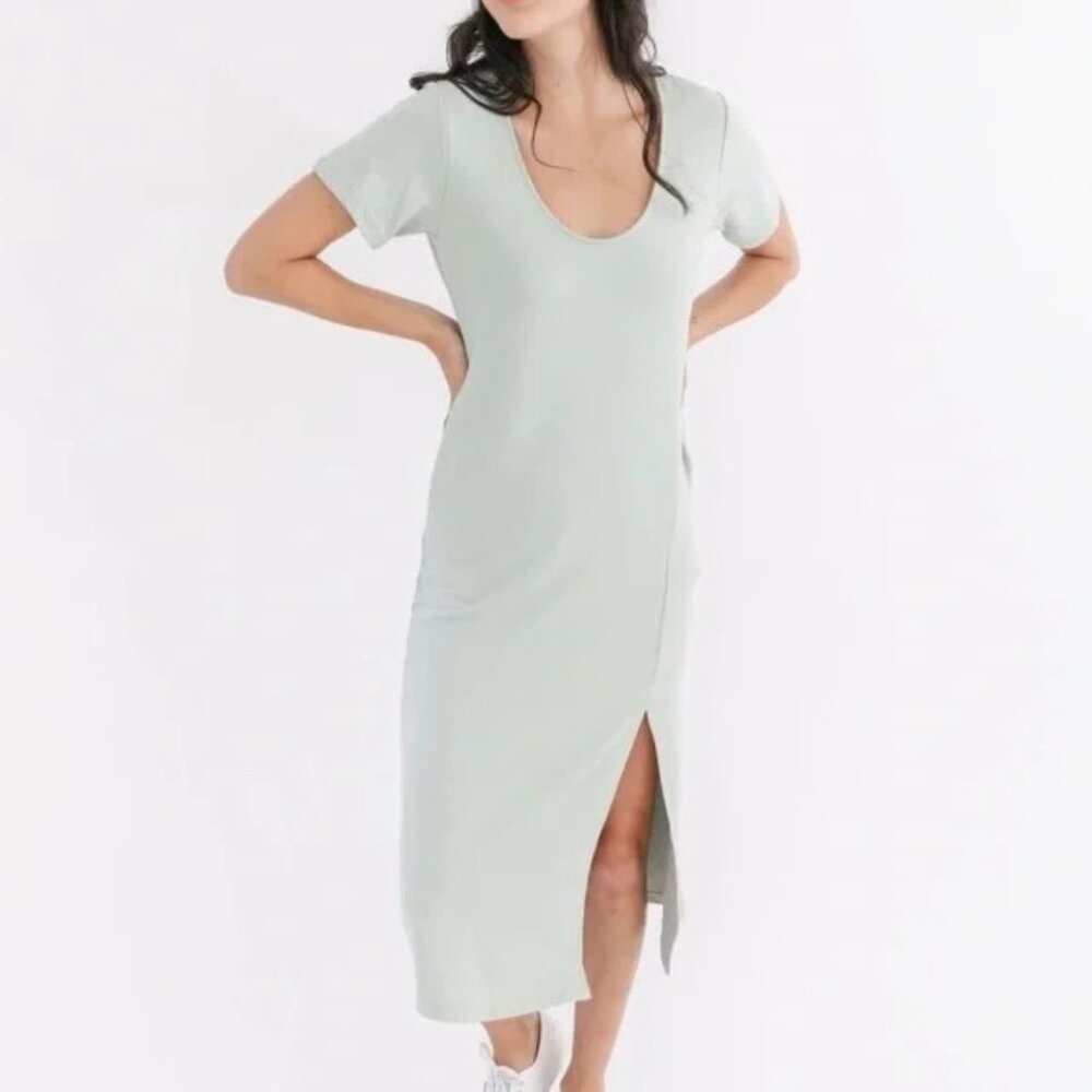 Smash + Tess Short Sleeve Emma Midi Dress Womens XS Slit Sage Green Rayon Blend